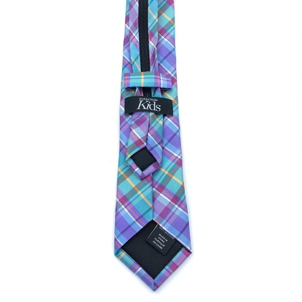 Nordstrom Kids Easy Adjustable Blue Purple Green Plaid Zip Up Silk Tie